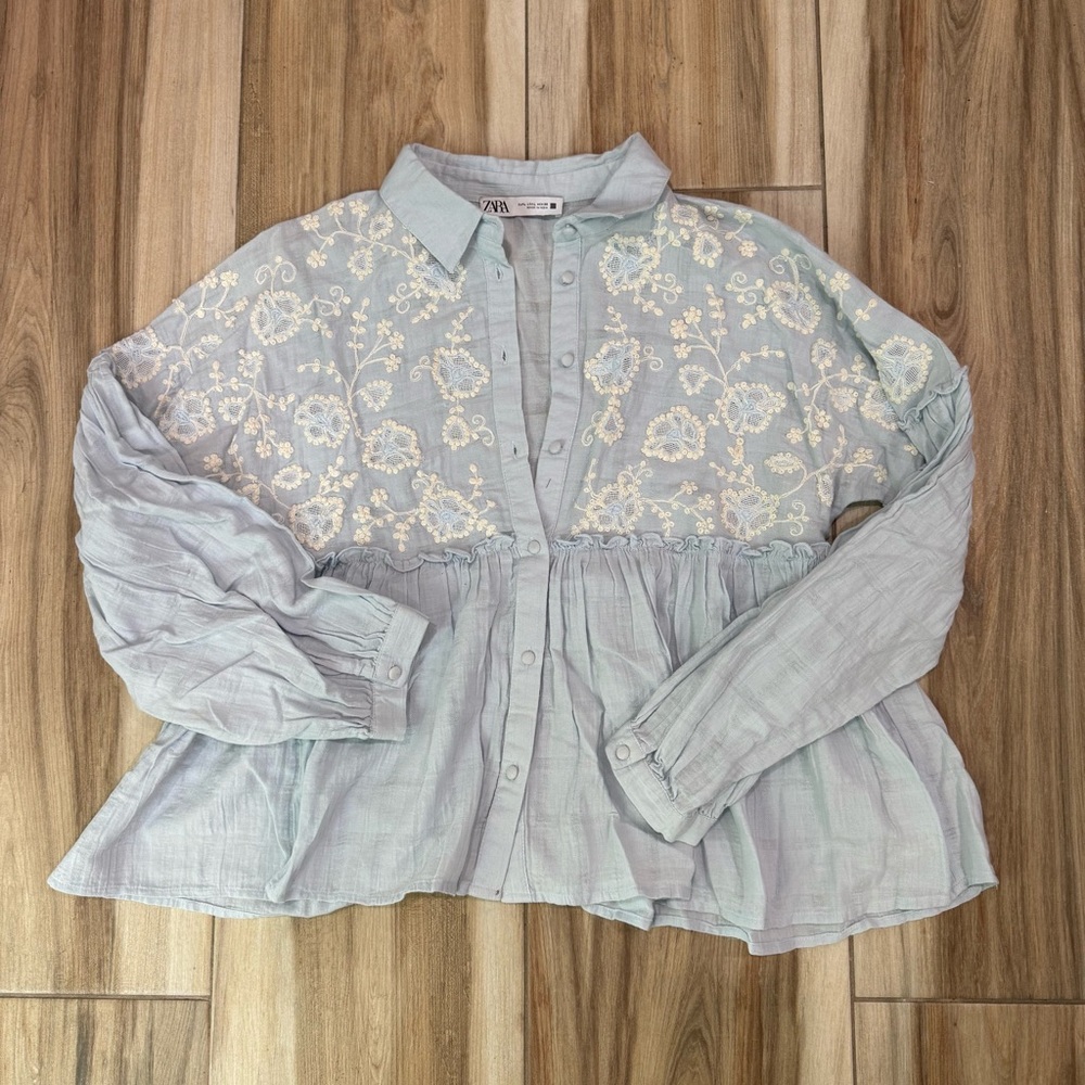 Zara Pastel Blue Floral Embroidered Blouse